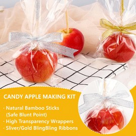 Ocmoiy DIY Candy Apple Kits - 100 Pcs Candy Apple Sticks and Bags with 50 Yard Gold and Silver Glitter Ribbons for Large Caramel Apple Lollipop Making Packaging Supplies