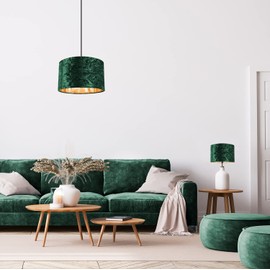 Modern and On-Trend Forest Green Crushed Velvet Fabric 10" Table or Pendant Circular Drum Lampshade with Shiny Copper Inner - 60watt Maximum | Perfect for Residential or Commercial by Happy Homewares
