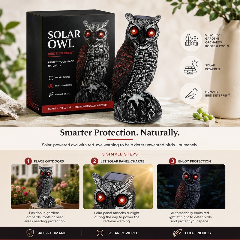 Solar Owl Bird Deterrent for Garden Protection – Waterproof Decoy