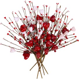 Winlyn 6 Pcs Artificial Red Heart Berry Valentine Picks Heart Shaped Floral Picks Pip Berry and Heart Sprays Artificial Red Berry Flower Stems 16.5" for Valentine's Day Gifts Wreath Floral Arrangement