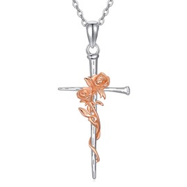 Qyvit Cross Necklace 925 Sterling Silver Cross Flower Pendant Christian Cross Rose Necklace Religious Cross Jewelry Gifts for Women