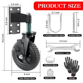 2Pcs 8 Inch Fence Gate Wheels with Brake 2 Install Heavy Duty Gate Wheels for Metal Wooden Gate Sliding Hardware 600lb Capacity 360° Rotation Spring-Loaded Farm Garden Caster Screwdriver Gloves Black