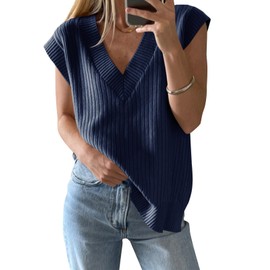 Saodimallsu Womens V Neck Sweater Vest Oversized Ribbed Knit Sleeveless Casual Loose Fit Pullover Tank Top Navy