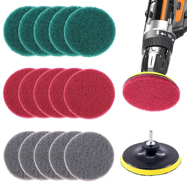 Glarks - Juego de 16 almohadillas de limpieza para fregar azulejos de 5 pulgadas con soporte para almohadillas de disco de 5 pulgadas para limpieza de baño y cocina, 3 rigidez diferente (rojo, gris, verde)