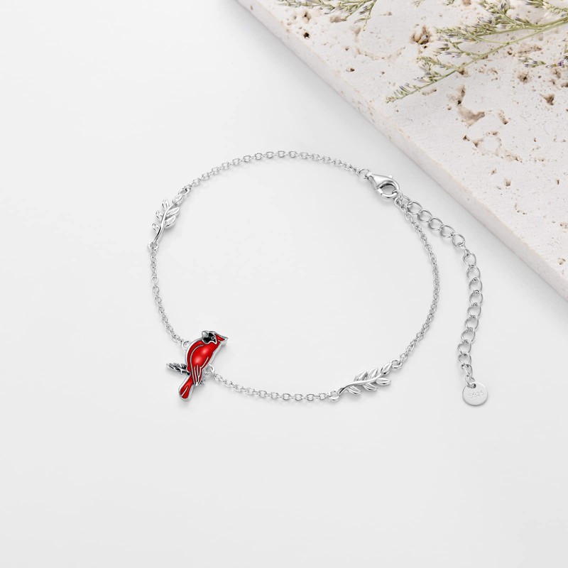 LONAGO 925 Sterling Silver Red Cardinal Bird Bracelet Adjustable Link