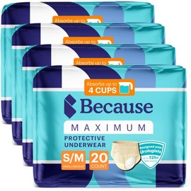 Because Premium Maximum Plus Adult Incontinence and Postpartum Bladder Leak Underwear for Women, Maximum Absorbency, Disposable, Beige, Small/Medium, 80 Count (4 Packs of 20)