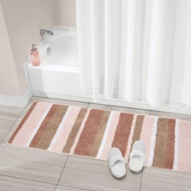 mDesign Soft Microfiber Polyester Non-Slip Extra-Long Spa Mat/Runner, Plush Water Absorbent Accent Rug for Bathroom Vanity, Bathtub/Shower, Machine Washable - Striped Design, 60" x 21" - Light Pink