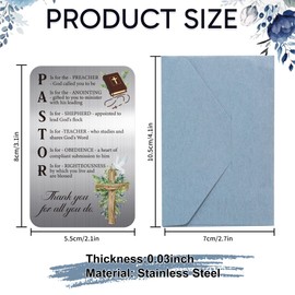 Pastor Appreciation Card with Envelope, Stainless Steel Thank You Card with Inspirational Quetoes, Christian Priest Anniversary Ordination Gifts for Men Women