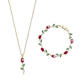 INERRWIX Rose Vine Zircon Jewelry Set - 18K Gold Plated Copper Pendant Necklace & Link Bracelet with Stainless Steel Chain, Dainty Crystal Jewelry for Women, 5 Colors Available, Ideal for Daily, Party, Wedding & Gifting (Red, Rose Suit Style 1)
