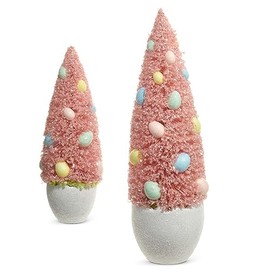 Raz Imports 2024 Easter 14.5" Potted Bottle Brush Trees with Egg Ornaments, Set of 2