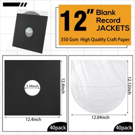 Henoyso 80 Pcs 12 Inch Vinyl Record Sleeves Include 40 Pcs Album Covers (350gsm) Record Jackets 40 Pcs Inner Sleeves Kraft Paper Sleeves for Album Vinyl Records Collections Storage Decorations(Black)