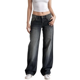 Low Rise Baggy Jeans for Women Y2K Low Waisted Straight Leg Trendy Bootcut Jeans Teen Girls Casual Loose Fit Boyfriend Jeans Grey