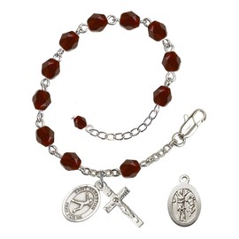 Bonyak Jewelry Adjustable Silver Plated 6mm Fire Poished Saint Sebastian/Figure Skating Rosary Bracelet - January Red