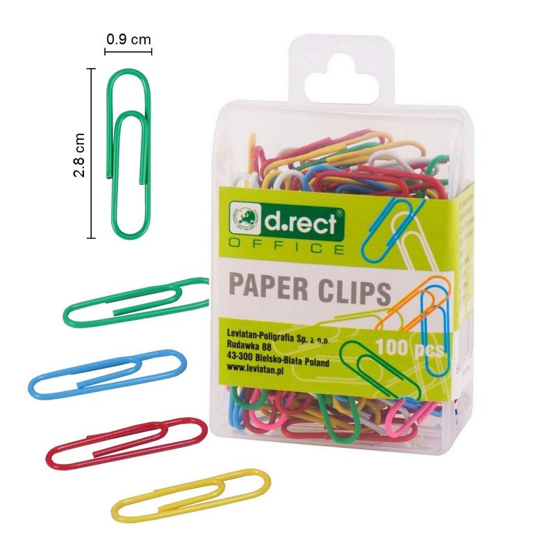 D.RECT A'100 Coloured Paper Clips 28 mm in Plastic Box,
