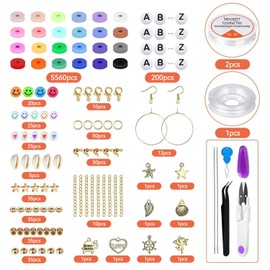 Proxima Direct 6000 PCS Clay Beads Kit - 24 Colors 6mm Flat Round Polymer Clay Beads with Pendant Charms, Letter Beads and Elastic Strings for Jewelry Making