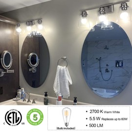 hykolity 3-Light Vanity Light Fixture, 5-Piece All-in-One Bathroom Set (E26 Bulb Base), Brushed Nickel Wall Sconce Lighting W/ Glass Shads, ETL Listed (Bulb not Included)