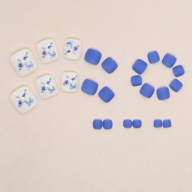 Blue Press on Toenails Flower Fake Toenails Short Square False Toenails Spring Summer Acrylic Toe Nails Full Cover Matte Glue on Toe Nails Floral Stick on Toenails Cute Toe nails for Women Manicure