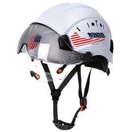 Perldverge Construction Hard Hat with Visor - Matte White Carbon Fiber Hard Hat OSHA Approved With Face Shield and Visor, Construction/Forestry/Arborist Safety Helmet Meets ANSI Z89.1, Type 1, Class C
