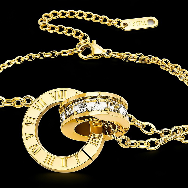 HongYi meiduan STFE Roman Numeral Interlocking Circle Bracelet, Stainless Steel,