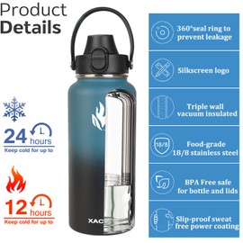 XACIOA Water Bottle Vacuum Insulated 32oz 40oz with Straw Lid,Stainless Steel Drink Flask with Flip Top Bottle Lid,Metal Wide Mouth Double Walled Leak Proof Keeps Hot Cold (Blue/Black, 32oz)