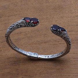 NOVICA Artisan Handmade Garnet Cuff Bracelet Sterling Silver Elephant Motif Indonesia Animal Themed Birthstone Gemstone [6 in L (end to End) x 0.4 in W] ' Elephant' S Treasure'