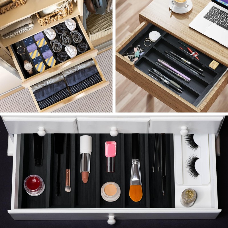 Bamboo Kitchen Drawer Organizer Tray Black Expandable Spoon Silverware Organizer