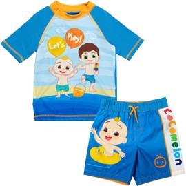 CoComelon JJ Tomtom Toddler Boys Rash Guard and Swim Trunks Outfit Set Blue 4T