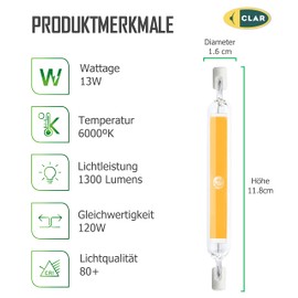 CLAR - R7S LED 118 mm, R7S LED 118 mm, R7S LED, LED stick, LED torch R7S, R7S 118 mm, R7S 118 mm LED, LED rod light, LED replacement for halogen rod, torch LED, 13 W 6000ºK (Pack of 5)