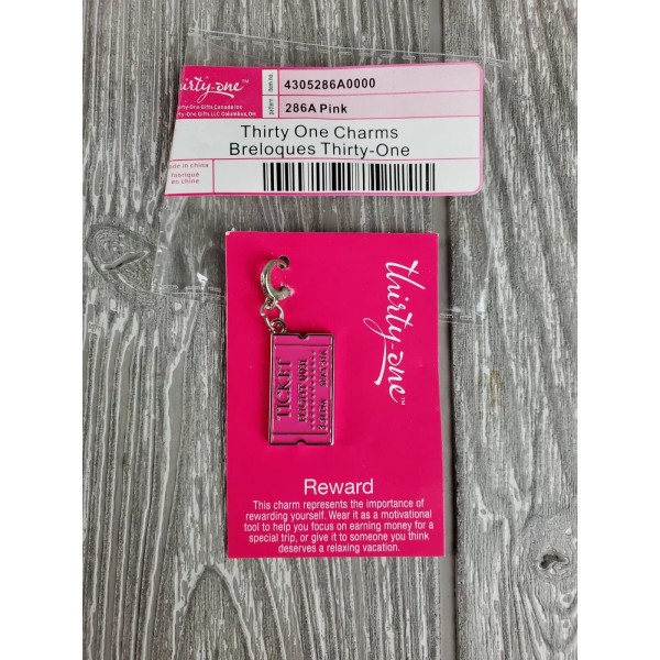 Thirty-One Charm #286A Pink TICKET, Chrome-Plated Zinc Alloy - REWARD