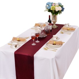 LOVWY 20 PCS 12 x 108 Inches Burgundy Satin Table Runners for Wedding Party Engagement Event Birthday Graduation Banquet Decoration