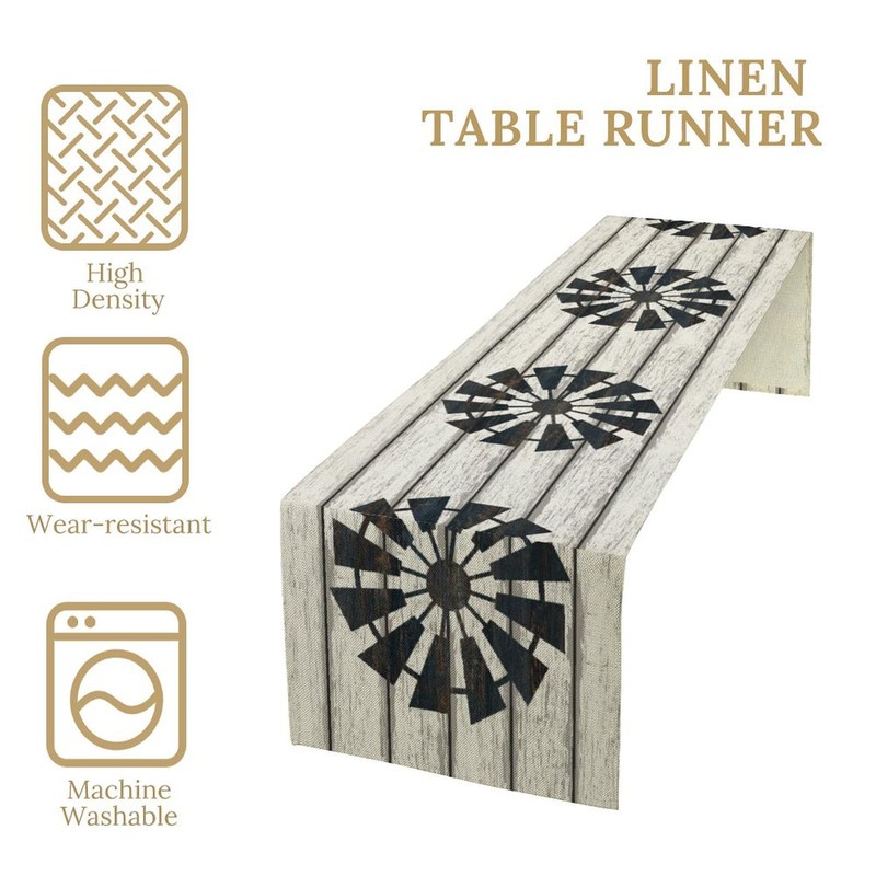 Retro Windmill Table Runner, Rustic Farmhouse Wood Grain Country Style