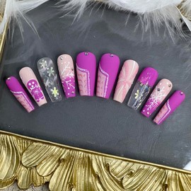 Christmas Press on Nail Handmade 3D Christmas with Rhinestones Fake Nails, False Tip For Women and Girls Full Cover - Haflona (Pink Xmas Size L 10PCs)