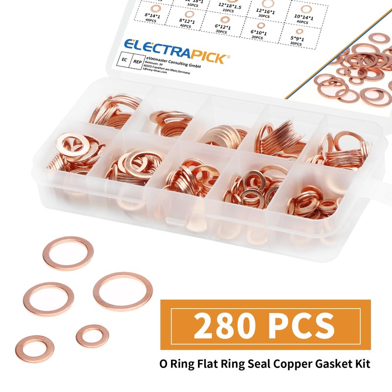ELECTRAPICK 10 Sizes 280pcs-O Ring Washers Set, Flat Ring Seal