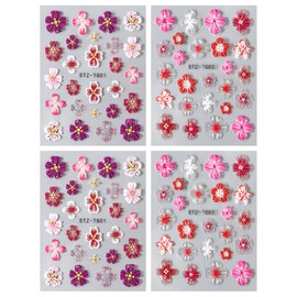 JMEOWIO 3D Embossed Colorful Flower Nail Art Stickers Decals Self-Adhesive 5D Summer Spring Floral Nail Supplies Nail Art Design Decoration Accessories 4 Sheets