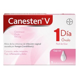Canesten V Dual 1 Día, Crema para Infecciones Íntimas Causadas por Hongos y Bacterias, Caja con 1 Crema 1% y 1 Óvulo 500mg