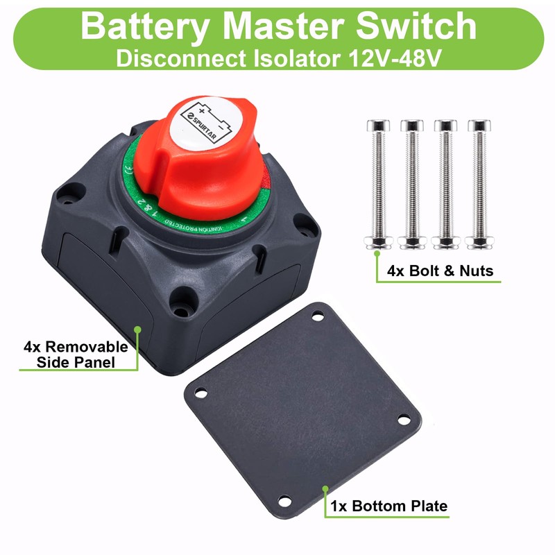 Spurtar Car Battery Disconnect Switch 12V 24V 48V 1-2-Both-Off Battery