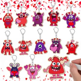 Memorywuu 24 Sets Valentine's Day Craft Kits Color Your Own Valentine Monster Keychain DIY Heart Wood Keychains Paintable Unfinished Monster Craft Exchange Gift for Valentine Classroom Party Activity