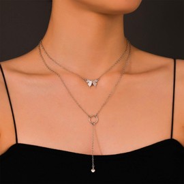 Inilbran Boho Layered Butterfly Choker Necklace Silver Circle Y Lariat Necklace Choker Long Circle Ball Y Necklace Geometric Circle Pendant Necklace Jewelry for Women and Girls