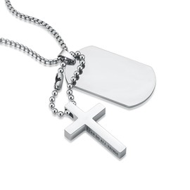 HZMAN Dog Tag Cross Necklace for Men Women Stainless Steel High Polished Army Military Dog Tag Pendant Bible Verse Cross Jewelry Gift with Ball Chain, Stainless Steel, No Gemstone