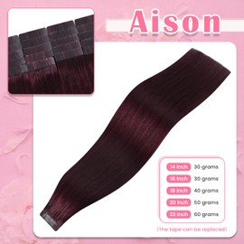 Aison Wine Red Tape in Hair Extensions Human Hair 100% Remy Extensions Silky Straight for Women 20 Pcs/Package(22Inch #99j 60g)