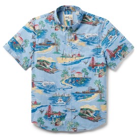 Reyn Spooner Golden Coast Tailored Button Front Scenic Hawaiian Aloha Shirt, Dusk Blue, XL