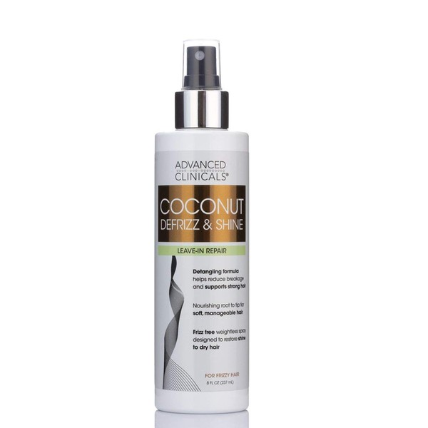 Advanced Clinicals Coconut Defrizz & Detangle Spray Pure Hydrating Leave-In Conditioner Strengthens & Shines Frizzy, Weak, Damaged Hair DEA, Paraben, & Sulfate-Free, Color Safe, 8 Fl Oz