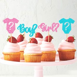 Keaziu 24 Pack Boy or Girl Cupcake Toppers Boy Girl Clothes Onesie Dress Feet Gender Reveal Cupcake Toppers Pink or Blue Cupcake Picks for Baby Shower Boys Girls Birthday Party Decorations