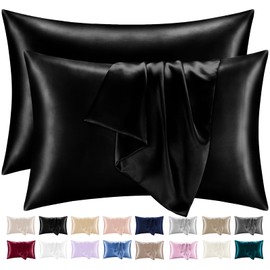 Lazzaro Home Satin Silk Pillowcases For Hair And Skin 2 Pack Pillow Cases with Envelope Closure Pillowcase Size 50 x 75 cm (Black, 2pcs Pillowcases (50x75cm))