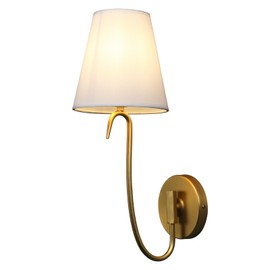 PERMO Antique Goose-Neck Wall Sconce with White Fabric Shade Hardwired Gold Wall Light for Bedroom, Bathroom, Hallway & Living Room