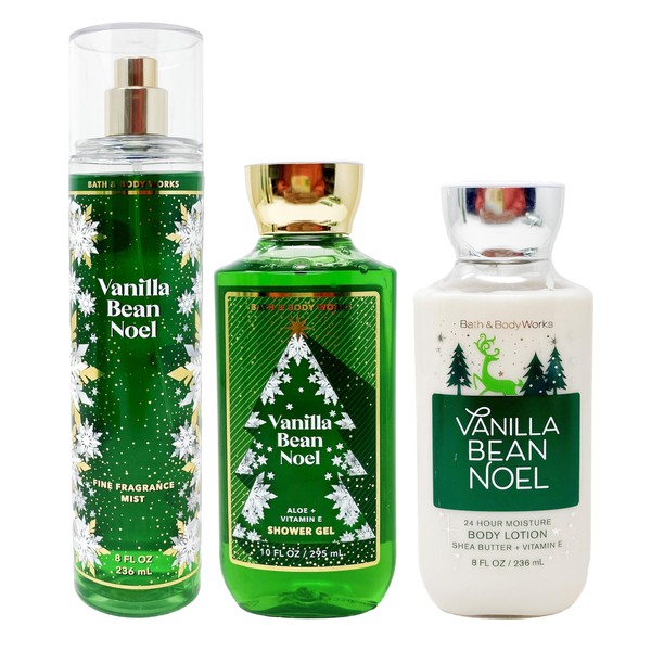 Bath & Body Works - Vanilla Bean Noel - 3 pc Bundle Trio -Shower Gel, Fine Fragrance Mist and Super Smooth Body Lotion - Winter 2021