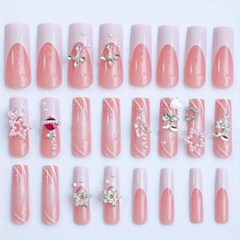Handmade Press on Nails Long Square False Nails Full Cover Acrylic Nails Luxury 3D Butterfly Cherry Rhinestone Designs French Tip Fake Nails Stick on Nails for Women DIY Manicuare 24 Pcs