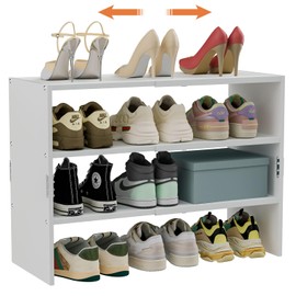 3-Tier Small Shoe Rack Organizer for Closet, White Expandable Shoe Shelf, Stackable Iron Wood Combination Shoe Racks Shelves for Closets, Entryway,Small Space,Hallway,Garage,Holds 8-16 Pairs of Shoes