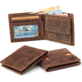 Fa.Volmer Slim Leather Wallet with RFID Protection - Made of Buffalo Leather in Antique Look - Large Coin Compartment, Quick Access Compartment Outside | VO21 (Brown)