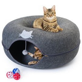 E & E's Meow Mansion Large Cat Cave Donut Bed - Cat Tunnel Bed for Large Cats up to 30lbs - 3 Toy Balls & Hanging Ball Included - Scratch Resistant, Detachable and Cleanable Cat Donut Bed